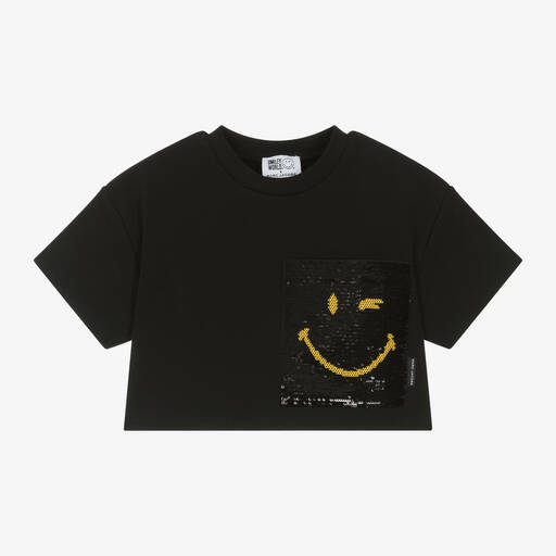 MARC JACOBS-Girls Black Smiley Cotton T-Shirt | Childrensalon