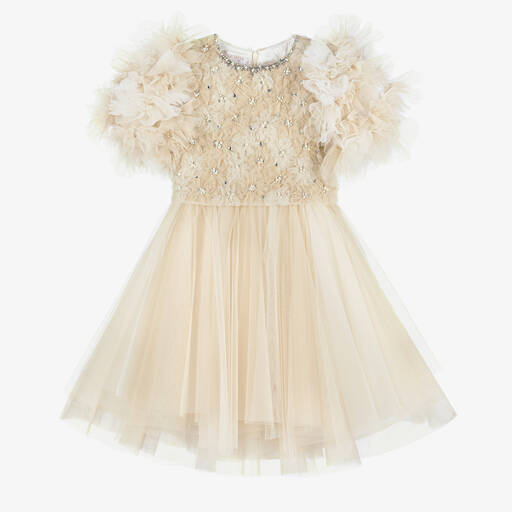 Marchesa Kids Couture-Girls Beige Floral Silk & Tulle Dress | Childrensalon