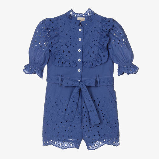 Marlo Kids-Girls Blue Embroidered Cotton Playsuit | Childrensalon