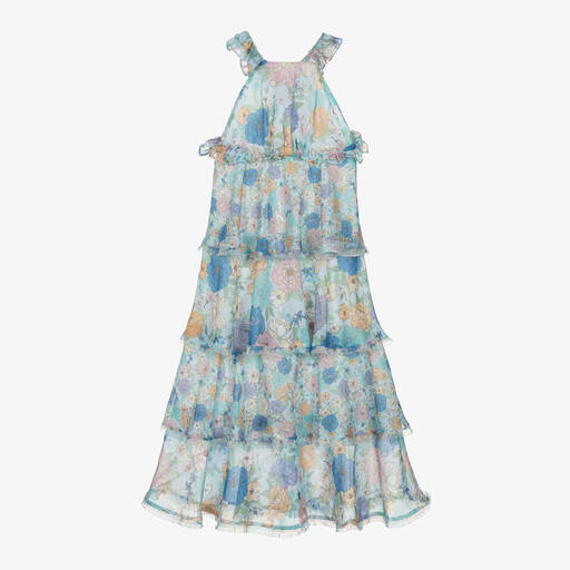 Marlo Kids-Girls Pale Blue Floral Chiffon Maxi Dress  | Childrensalon