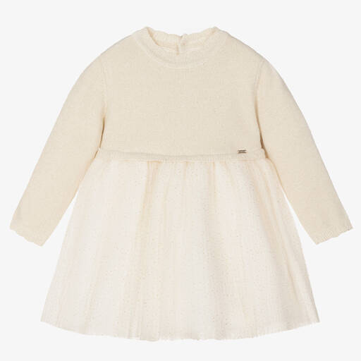 Mayoral-Baby Girls Beige & Gold Dot Tulle Dress | Childrensalon