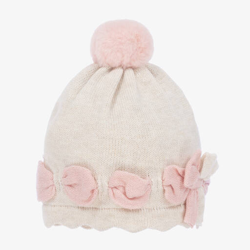 Mayoral-Baby Girls Beige & Pink Knitted Hat | Childrensalon