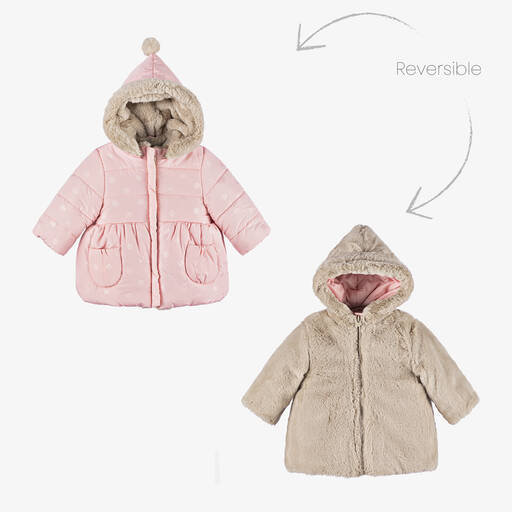 Mayoral-Baby Girls Pink & Beige Reversible Coat | Childrensalon