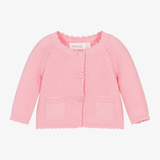 Mayoral-Baby Girls Pink Cotton Knit Cardigan | Childrensalon