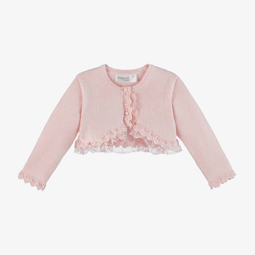 Mayoral-Baby Girls Pink Knit & Lace Cardigan | Childrensalon