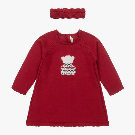 Mayoral-Baby Girls Red Knitted Bear Dress Set | Childrensalon