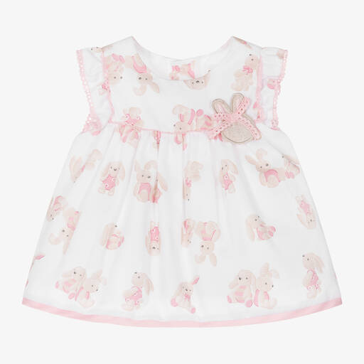 Mayoral-Baby Girls White Bunny Print Cotton Dress | Childrensalon