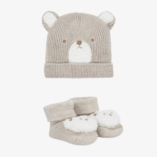 Mayoral Newborn-Beige Cotton Bear Baby Hat Set | Childrensalon