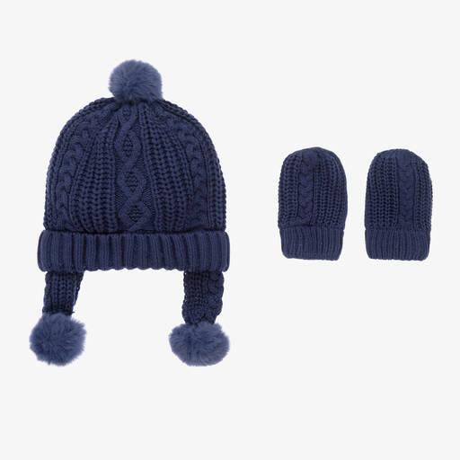 Mayoral-Blue Knitted Baby Hat & Mittens Set | Childrensalon