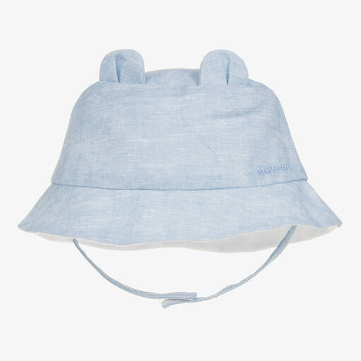 Mayoral Newborn-قبعة للشمس بوجهين قطن وكتان لون أزرق للأطفال | Childrensalon
