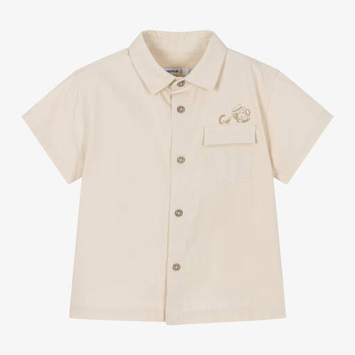 Mayoral-Boys Beige Cotton Monkey Print Shirt | Childrensalon