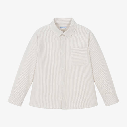 Mayoral-Boys Beige Stripe Cotton Shirt | Childrensalon