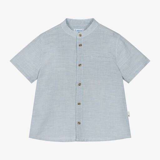 Mayoral-Boys Blue Checked Cotton & Linen Shirt | Childrensalon