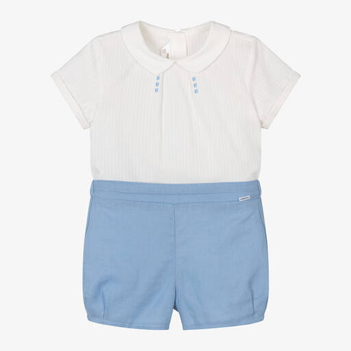 Mayoral Newborn-Boys Blue Cotton & Linen Shorts Set | Childrensalon