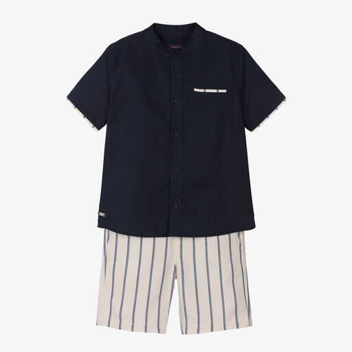 Mayoral-Boys Blue Cotton & Linen Stripe Shorts Set | Childrensalon