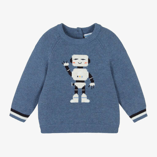 Mayoral-Boys Blue Cotton & Wool Knit Robot Sweater | Childrensalon