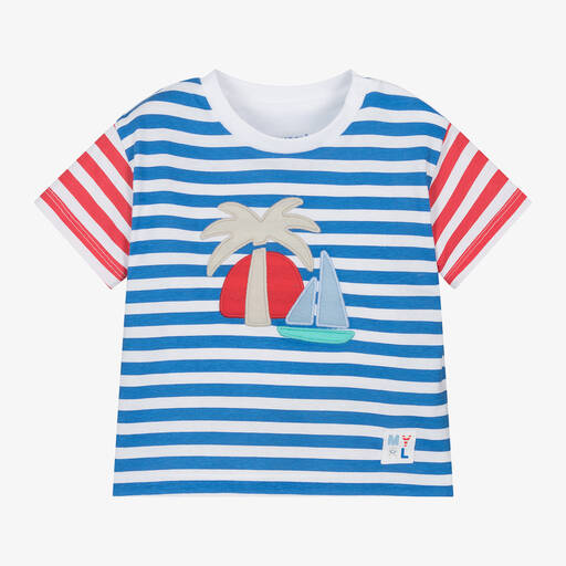 Mayoral-Boys Blue Striped Cotton T-Shirt | Childrensalon