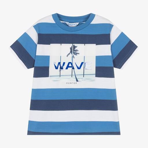 Mayoral-Boys Blue Striped Cotton Wave T-Shirt | Childrensalon