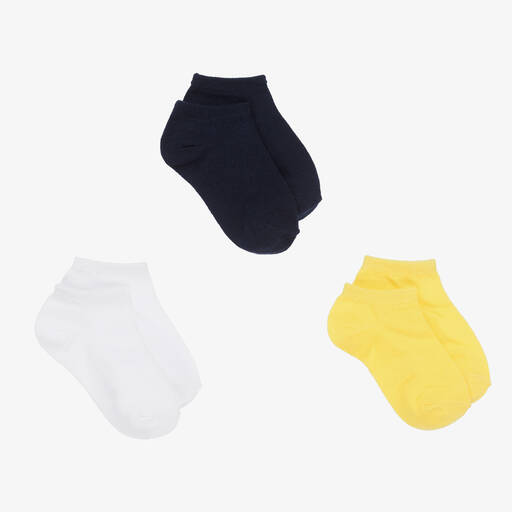 Mayoral-Синие, белые и желтые хлопковые носки (3пары) | Childrensalon