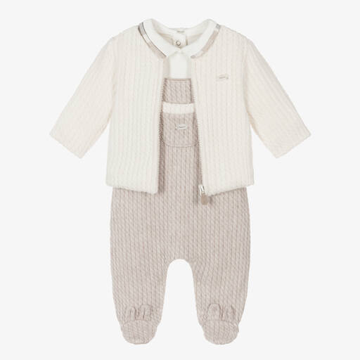 Mayoral Newborn-Boys Ivory & Beige Knitted Babysuit Set | Childrensalon