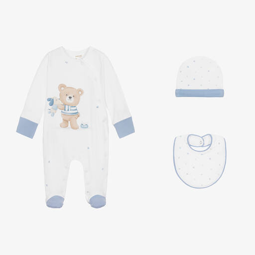 Mayoral Newborn-Boys Ivory & Blue Cotton Babysuit Set | Childrensalon