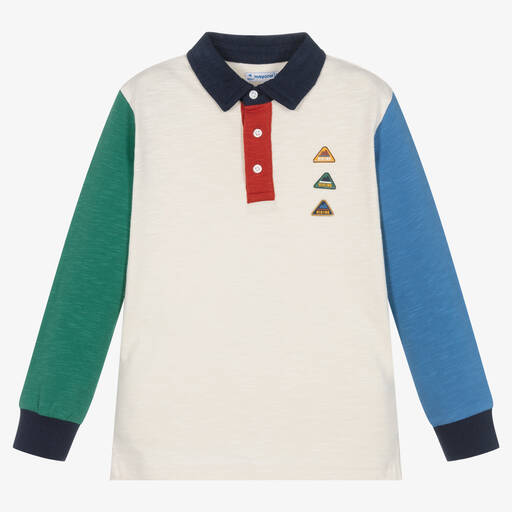 Mayoral-Boys Ivory Cotton Colourblock Rugby Top | Childrensalon