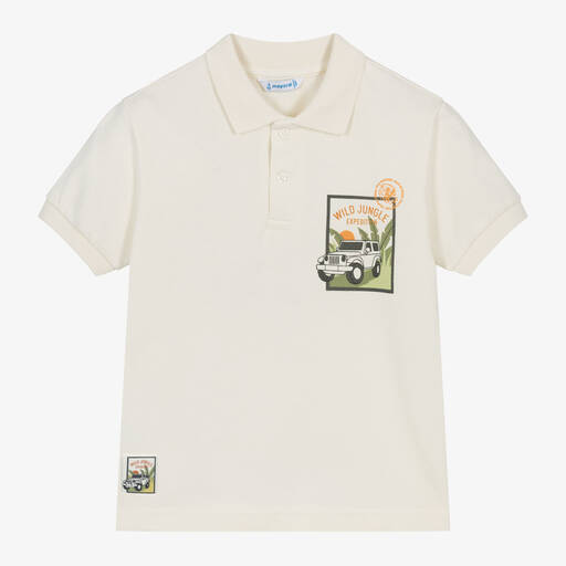 Mayoral-Boys Ivory Cotton Jungle Print Polo Shirt | Childrensalon