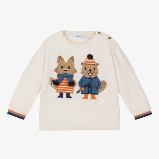Mayoral-Boys Ivory Cotton Knitted Fox Sweater | Childrensalon