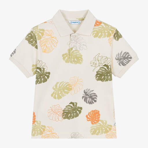 Mayoral-Boys Ivory Leaf Print Cotton Polo Shirt | Childrensalon