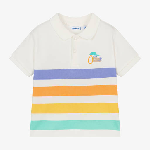 Mayoral-Boys Ivory Striped Cotton Polo Shirt | Childrensalon