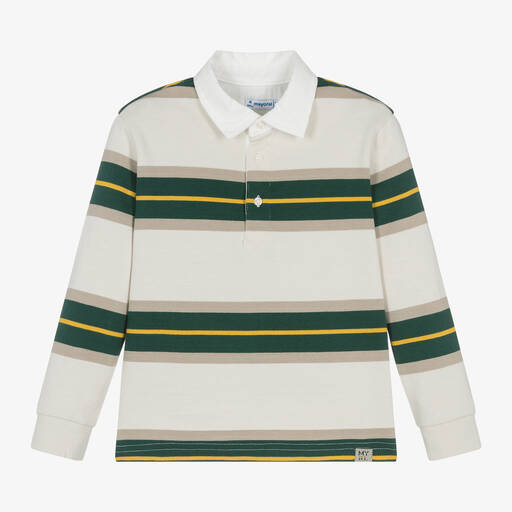 Mayoral-Boys Ivory Striped Cotton Polo Shirt | Childrensalon