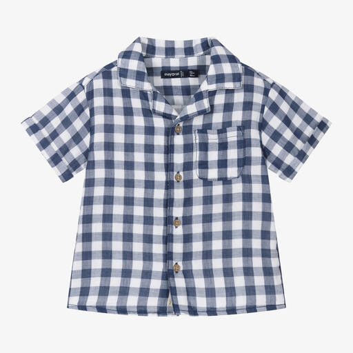 Mayoral-Boys Navy Blue Check Cotton Shirt | Childrensalon