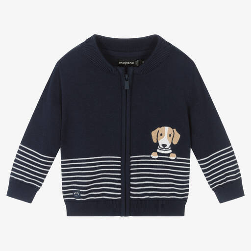 Mayoral-Boys Navy Blue Cotton Knit Dog Cardigan | Childrensalon