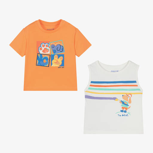 Mayoral-تيشيرت قطن لون برتقالي وعاجي للأولاد (عدد 2) | Childrensalon