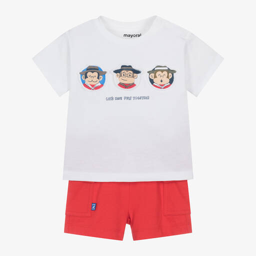 Mayoral-Boys Red Cotton Monkey-Print Shorts Set | Childrensalon