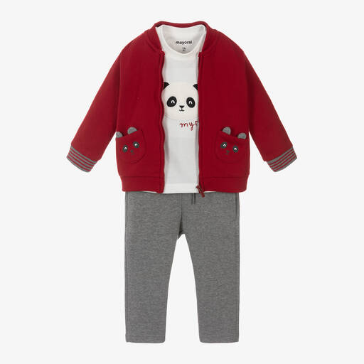 Mayoral-Boys Red & Grey Cotton Panda Tracksuit Set | Childrensalon