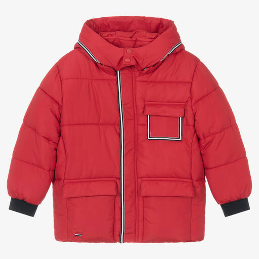 Mayoral-Boys Red Hooded Puffer Coat | Childrensalon