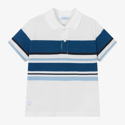 Mayoral-Boys White & Blue Cotton Polo Shirt | Childrensalon