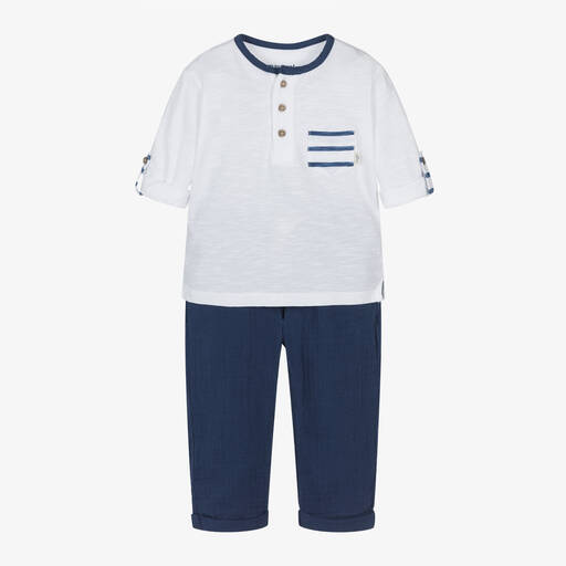 Mayoral-Boys White & Blue Cotton Trouser Set | Childrensalon