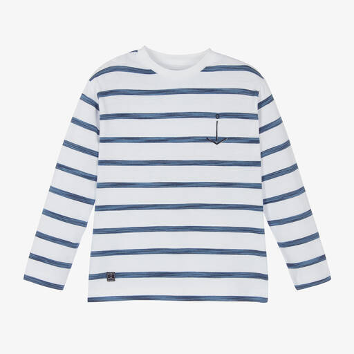 Mayoral-Boys White & Blue Stripe Cotton T-Shirt | Childrensalon