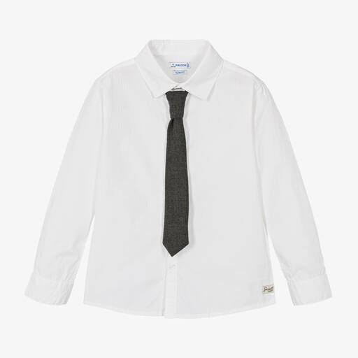 Mayoral-قميص مع ربطة عنق قطن لون أبيض قطني للأولاد | Childrensalon