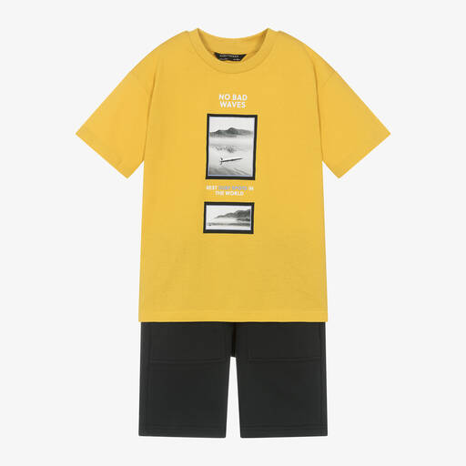 Mayoral Nukutavake-Boys Yellow & Black Cotton Shorts Set | Childrensalon