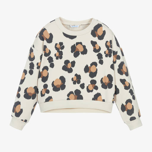 Mayoral-Girls Beige Cotton Leopard Print Sweatshirt | Childrensalon