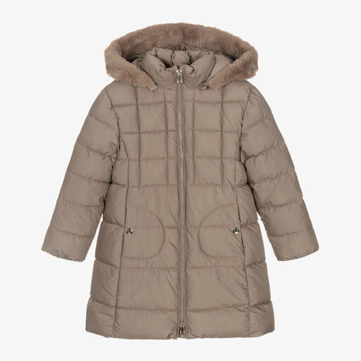 Mayoral-Girls Beige Hooded Puffer Coat | Childrensalon