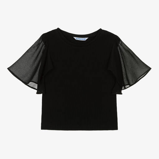 Mayoral-Girls Black Cotton Rib T-Shirt | Childrensalon