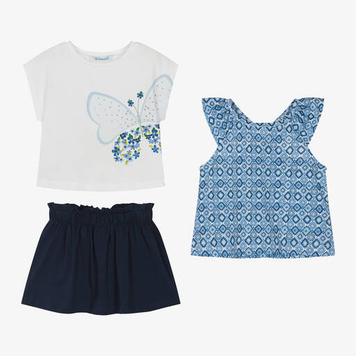 Mayoral-Girls Blue Cotton Butterfly Skirt Set | Childrensalon