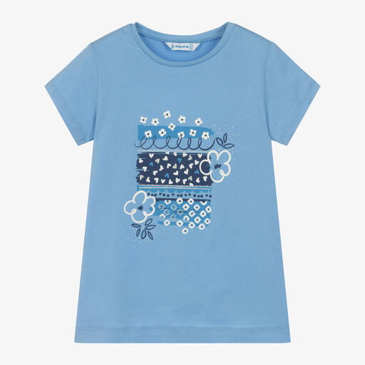 Mayoral-Girls Blue Cotton T-Shirt | Childrensalon