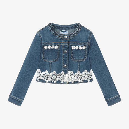 Mayoral-Girls Blue Denim & Lace Jacket | Childrensalon