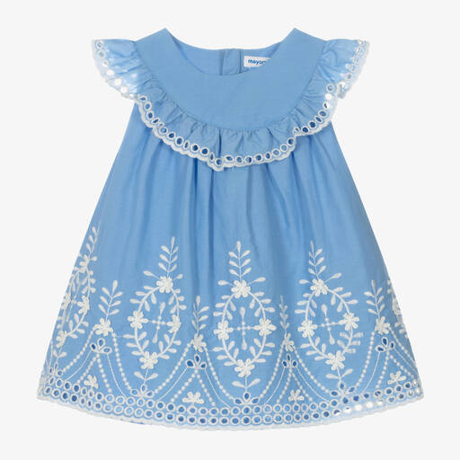 Mayoral-Girls Blue Embroidered Cotton Dress | Childrensalon