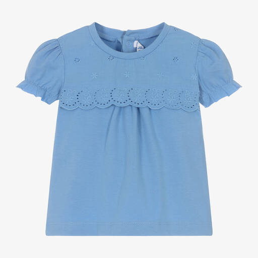 Mayoral-Girls Blue Embroidered Cotton T-Shirt | Childrensalon